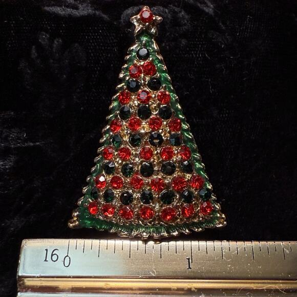VTG Christmas Tree Pendant Brooch Gold Tone Metal Red Green Rhinestone Enamel 2” - Picture 12 of 12